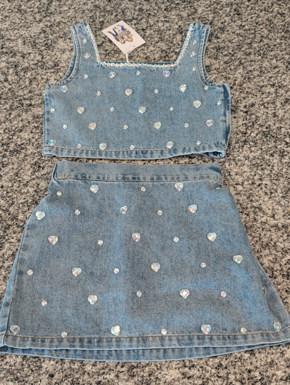 Lola + The Boys Light Blue Denim Tank Top & Skirt Set with Holographic Hearts
